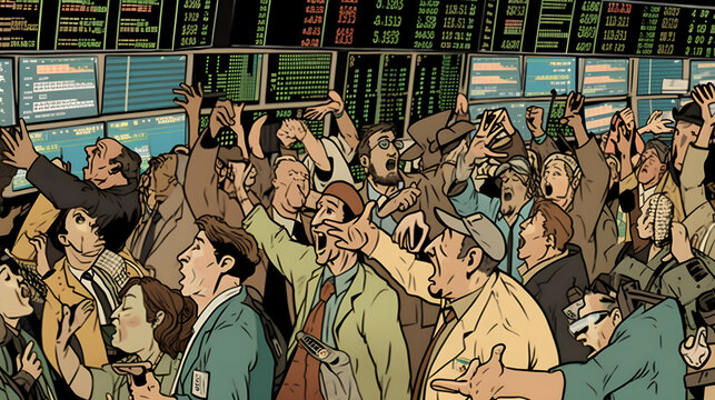 Image of a stock market ticker, a tense scene at the stock market, with traders frantically shouting and gesturing at each other, while the value of stocks plummets