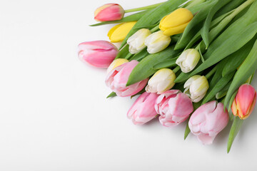 Beautiful colorful tulips on light background, closeup. Space for text