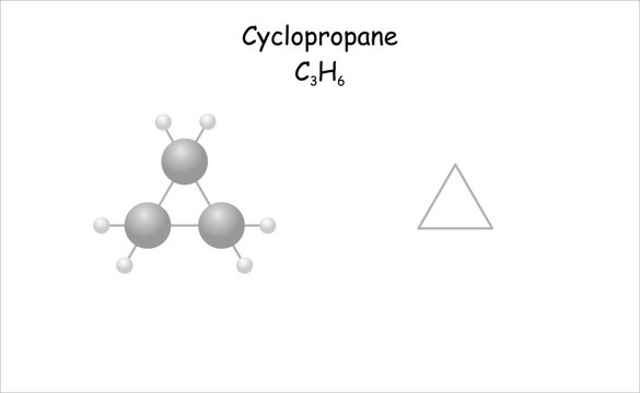 Stylized molecule model/structural formula of cyclopropane.