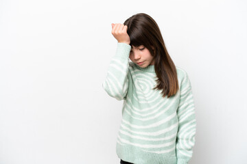 Fototapeta premium Little caucasian girl isolated on white background with headache