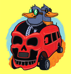 Ducks driving a bus, english football fans, vector illustration