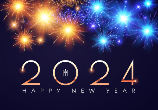 Happy new 2024 year Elegant gold text with fireworks and light effects.