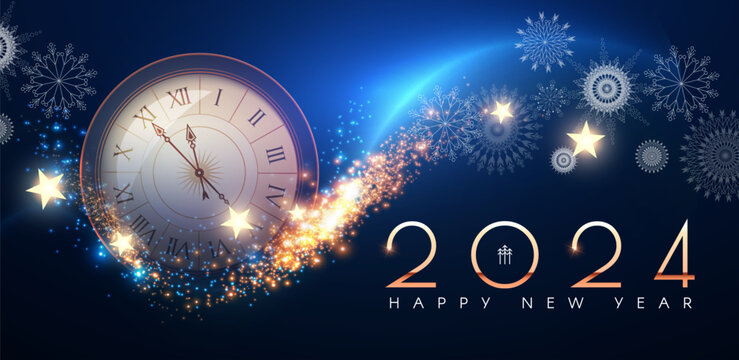 Happy new 2024 year. Ckock, elegant gold text with fireworks, snowflakes and light effects.