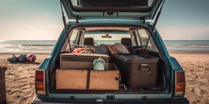 Suitcases and bags in trunk of car ready to depart for holidays. Moving boxes and suitcases in trunk of car, outdoors. trip, travel, sea. car on the beach with sea on background Generative AI