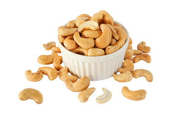 Roasted cashew nut in a white ceramic bowl isolated  in png format 