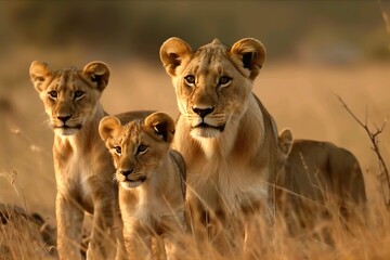 Fototapeta na wymiar Löwin mit Jungen, Kalahari-Wüste, Beim Sonnenuntergang Generate Ai