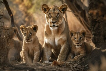 Fototapeta na wymiar Löwin mit Jungen, Kalahari-Wüste, Beim Sonnenuntergang Generate Ai
