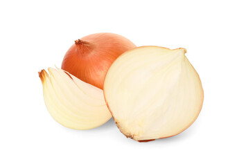 Whole and cut onions on white background
