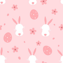 Seamless pattern with bunny rabbit cartoons, cute flower and Easter eggs on pink background vector.