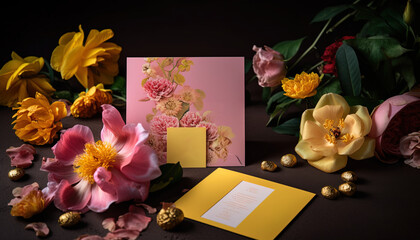 Whimsical Pink and Yellow Wedding Invitation with Floral Illustrations