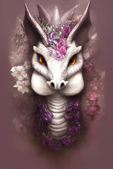 Beautiful dragon with floral decor. Colorful wildlife portrait. generative AI.