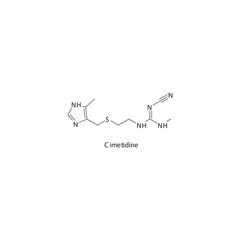 Cimetidine flat skeletal molecular structure H2 receptor antagonist drug used in heartburn, peptic ulcer treatment. Vector illustration.