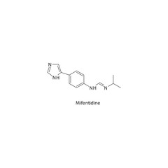 Fototapeta premium Mifentidine flat skeletal molecular structure H2 receptor antagonist drug used in heartburn, peptic ulcer treatment. Vector illustration.