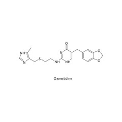 Oxmetidine  flat skeletal molecular structure H2 receptor antagonist drug used in heartburn, peptic ulcer treatment. Vector illustration.