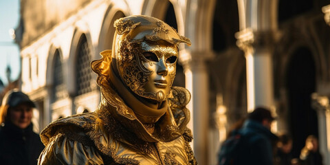 Person wearing a gold facemask and carnival costume standing in doge's palace venice italy. Venetian Carnival Generative AI