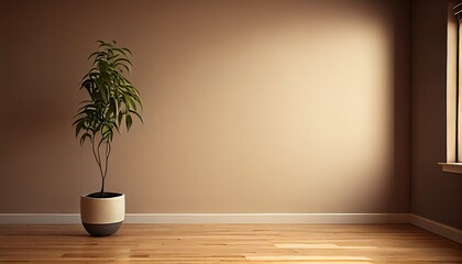 Beige Wall Empty Room Interior with Wooden Flooring and Pot Plant for Background