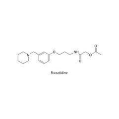 Roxatidine  flat skeletal molecular structure H2 receptor antagonist drug used in heartburn, peptic ulcer treatment. Vector illustration.