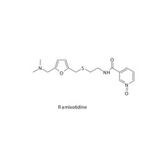 Ramixotidine flat skeletal molecular structure H2 receptor antagonist drug used in heartburn, peptic ulcer treatment. Vector illustration.