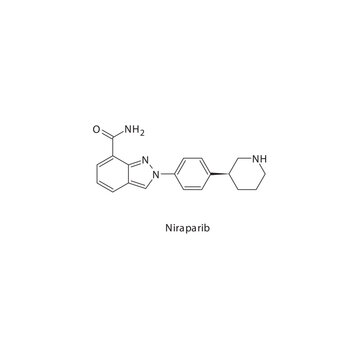 Niraparib flat skeletal molecular structure PARP inhibitor drug used in Ovarian cancer treatment. Vector illustration.