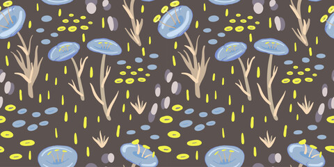 Magic forest seamless pattern. Fantasy floral repeating pattern. Hand drawn psychedelic vector illustration mushrooms and plants on brown background for fabric, textile, wrapping