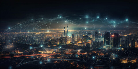 Fototapeta na wymiar Smart city and Wireless communication network concept.abstract line connection on night city background Generative AI