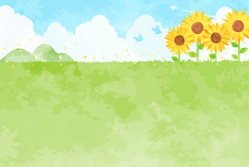 草原にヒマワリが咲く夏の風景イラスト