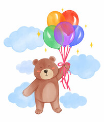 Naklejka premium Brown bear is floating with balloons in the sky . Realistic watercolor paint with paper textured . Cartoon character design . Vector .