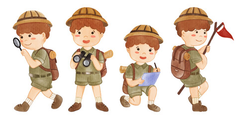 Collection of Boy scout with hiking suit . Realistic watercolor paint with paper textured . Cartoon character design . Vector . - obrazy, fototapety, plakaty