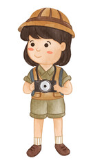 Girl scout with hiking suit hold camera . Realistic watercolor paint with paper textured . Cartoon character design . Vector .