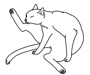 毛繕いをする猫の線画