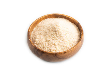 Powdered milk and buckwheat baby food mix isolated on white, top view