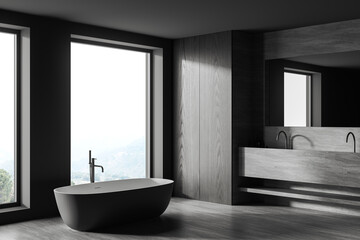 Fototapeta na wymiar Grey bathroom interior with double sink and bathtub near panoramic window