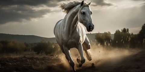 Obraz na płótnie Canvas White horse run forward in dust Genetarive AI