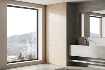 Fototapeta na wymiar White and wooden bathroom corner with sink and window