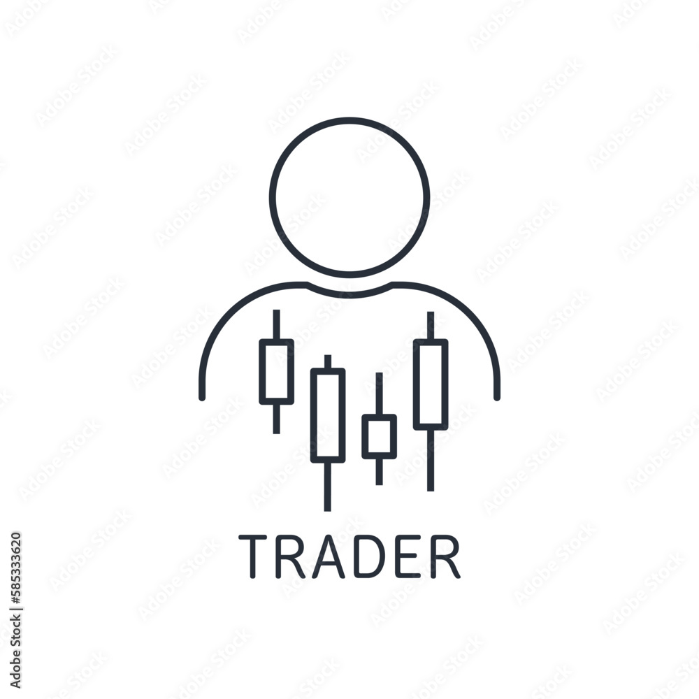 Poster businessman with a stock chart. trader. vector linear icon isolated on white background.