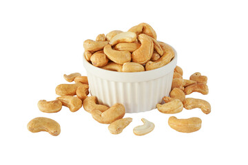 Roasted cashew nut in a white ceramic bowl ,isolated in png format