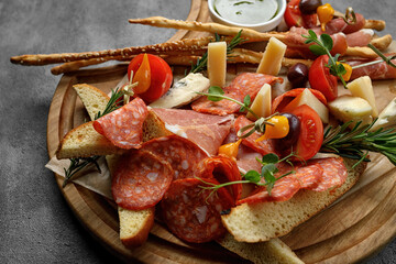 Delicious cheese and charcuterie spread on board