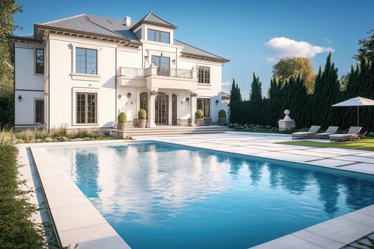 Backyard Swimming Pool. Beautiful Home Exterior and Large Swimming pool on Sunny Day with Blue Sky 1. Generative AI