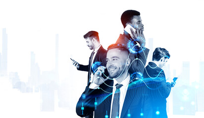 Business team on phones in city, graphs