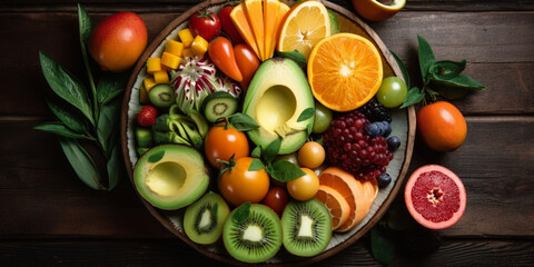 Plate with vegetables and fruits on wooden table. Healthy food, top view. Genetarive AI