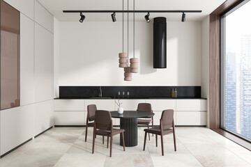 Panoramic white kitchen interior with table - obrazy, fototapety, plakaty