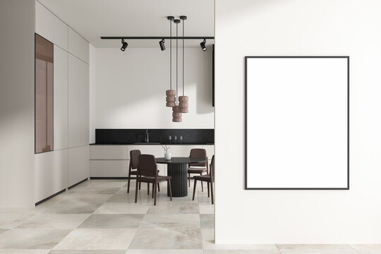 Light kitchen interior with dining and cooking zone. Mockup frame