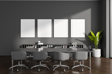 Grey business room interior with meeting table and shelf. Mockup frames