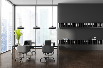 Gray panoramic open space office interior