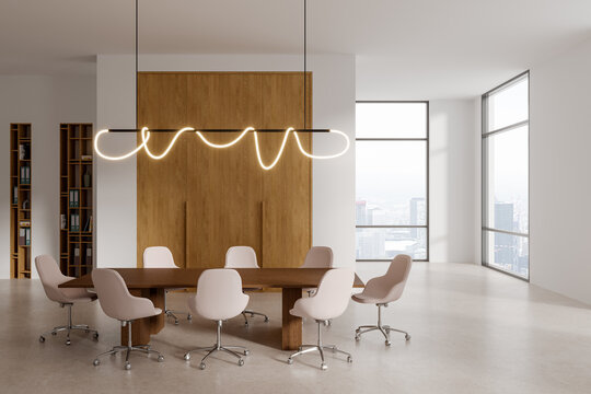 Minimalistic white and wooden conference room interior