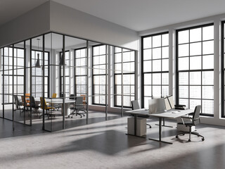 Light office room interior with coworking and conference space, window