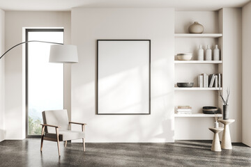 Cozy living room interior shelf and armchair near window, mockup frame
