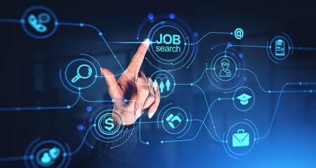 Woman finger touch job search hologram with diverse business icons