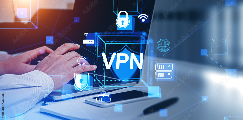 Poster man using laptop and smartphone, vpn and secure connection hologram