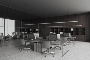 Grey business room interior with coworking and conference corner